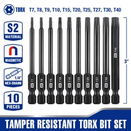 WORKPRO 10pcs Security Torx Bit Set, CNC Machined S2 Steel Star Bit Set, 3" Long Tamper Proof Torx Screwdriver bit with Magnetic Tips, Tamper Resistant Fastener Drive Bits with Storage Box
