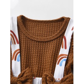 Infant Newborn Baby Girl Romper Dresses Clothes Set Ruffle Long Sleeve Rainbow Print Overall Bodysuit Bow Tie Headband Brown 0-3 Months