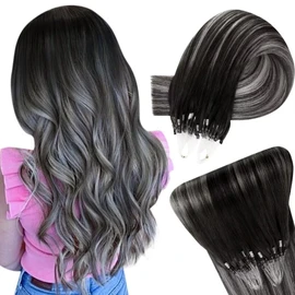 Easyouth Real Hair Extensions Micro Ring Balayage Hair Extensions Micro Ring Real Hair Remy Micro Ring Extensions Real Hair Off Black Mix Silver and Off Black 22 Inches 50 g