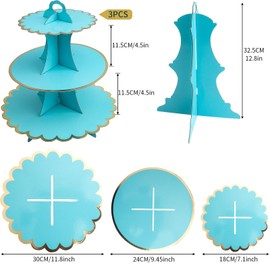 Roellgs 3 Pack Round Cardboard Cupcake Stand, 3-Tier Silver Cupcake Holder Dessert Tower for 24 Cupcakes, Perfect for Wedding, Birthday Party, Baby Shower and Graduation (Lace Blue)