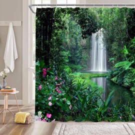 AMHNF Rainforest Waterfall Shower Curtain Nature Green Forest Flowers Waterfall Tropical Landscape Bathroom Decor Fabric Curtain with Hooks, 8960AL