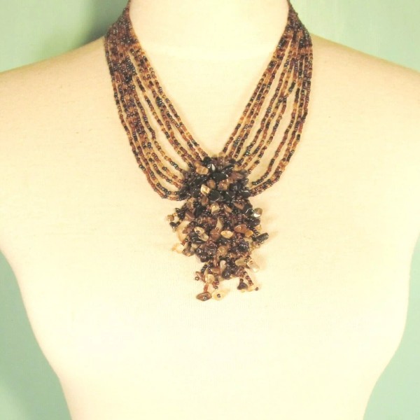 "Handmade" 16" Gold Black Multicolor Gemstone Chip Cluster Handmade Seed