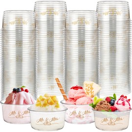 SiliFine 100 Pcs Mr and Mrs Wedding Cups 12 oz Disposable Ice Cream Cups Wedding Reception Bowls for Bridal Shower Engagement Anniversary Party Favors Supplies Decoration