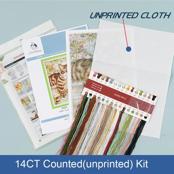 Funcrostitch Counted Cross Stitch Kits,14CT Printed Pattern-Cat in The Flowers
