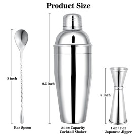 BARsics 24oz Stainless Steel Bar Cocktail Shaker, 1oz/2oz Jigger and 8" Mixing Spoon