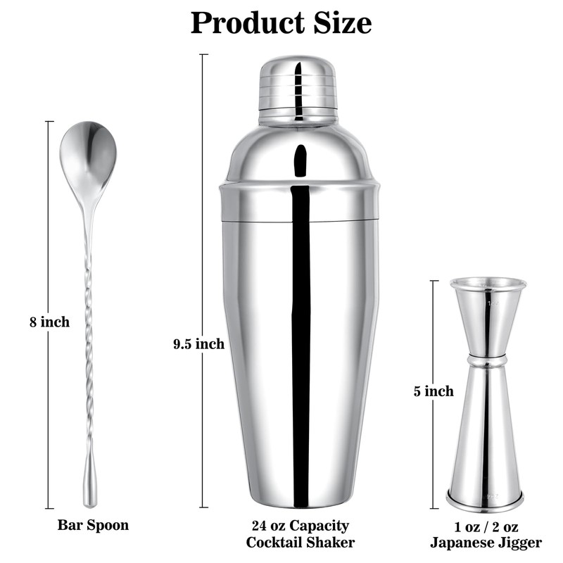 BARsics 24oz Stainless Steel Bar Cocktail Shaker, 1oz/2oz Jigger and