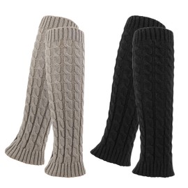 QKURT 2 Pairs of Leg Warmers, Knee High Leg Warmers Brown Legwarmers for Women, Warm Leg Warmers Knitted, Black + grey