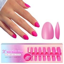 Soft Gel Nail Tips Short Almond Gel X Nails, 300Pcs Pre-applied Tip Primer Gel X Nail Tips Short Oval, Natural Hot Pink Colored Gel Tips Acrylic Fake Nails Extensions False Nails Press ons for DIY