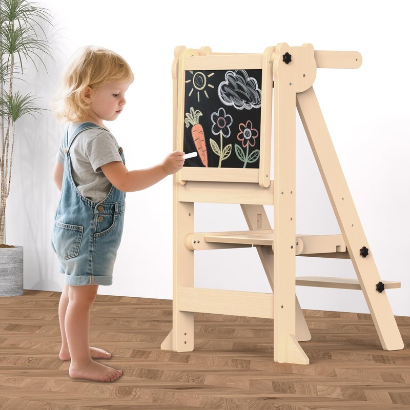 Foldable Toddler Tower, Wooden Toddler Kitchen Stool with 3 Adjustable