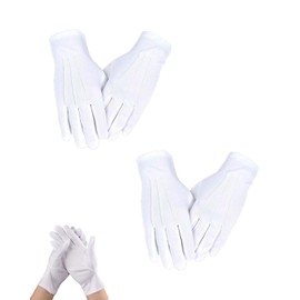 FUGLUS 2 Pairs White Stitched Gloves Nylon Thin Men's Costume Gloves with Decorative Stitching for Formal Tuxedo Jewellery Inspection