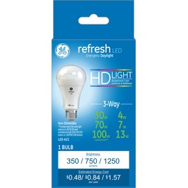 GE Refresh LED HD 3-Way Light Bulb, 4, 7, 13 Watt (30, 70, 100 Watt Equivalent) Daylight, Medium Base (1 Pack)