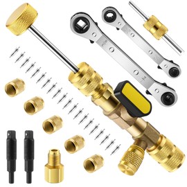 Dreyoo Valve Core Removal Tool HVAC, 2 HVAC Service Wrench 3/16", 5/16", 1/4", 3/8", 20 Pcs Valve Cores with Seal, 5 Brass Nuts And 1 Valve Core Rod Compatible with R410a R32 R22 R12 R407 R404 R600