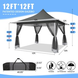 COBIZI 12x12 Pop up Gazebo on Clearance with Mosquito Netting,Waterproof Roof & Sandbags,Outdoor Canopy Tent with 4 Ropes,8 Stakes&Carrying Bag,Portable Patio Gazebo for Garden,Backyard&Lawn,Darkgrey