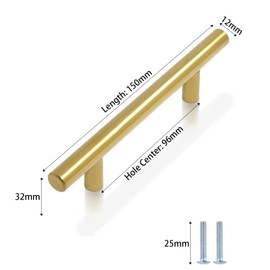 CCHONG 5 Pack Gold Stainless Steel Modern Cupboard Handles (150mm x 96mm x 32mm, Hole Centre 96mm)