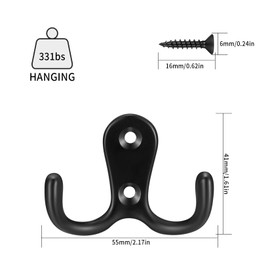 XKQYX 10 Pcs Coat Hooks Heavy Duty, Double Prong Door Clothes Hooks Wall Mounted Metal with Screws for Coat, Scarf, Bag, Towel, Key, Cap, Cup, Hat, Robe Screw in Hooks - Black
