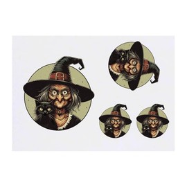 4 x 'Witch With Black Cat' Temporary Tattoos - Water Resistant, Skin-Safe, Non-Toxic Transfers, Mixed Sizes (TO00077614)