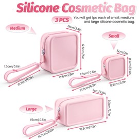 Diakey 3 Pack Silicone Makeup Bag, Soft Waterproof Travel Cosmetic Bag Make Up Organizer Case with Hand Strap, Shatterproof Zipper Skincare Pouch Toiletry Bag for Women, Pink