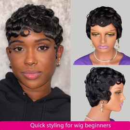 PENDORISYS Pixie Cut Wig Human Hair Glueless Short Human Hair Wigs For Black Women, Curly Pixie Wig With Bang, Soft And Bouncy, Easy To Install And Style (Black)