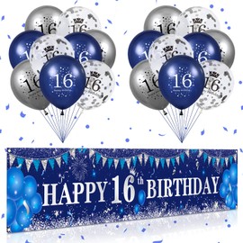 RUMIA Blue 16th Birthday Decorations for Boys Navy Blue Silver Happy 16th Birthday Yard Banner and Blue 16th Birthday Balloons for Indoor Outdoor Boys Girls 16th Birthday Party Supplies
