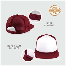 CHOK.LIDS Flat Bill Foam Top Hats for Men and Women Adjustable Snapback Trucker Hat Trendy Color Flat Brim Mesh Baseball Cap (White/Burgundy)