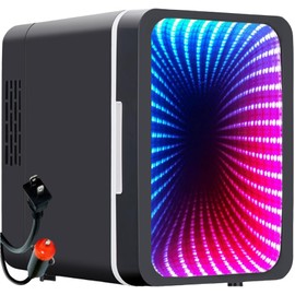 bamOYObu Mini Fridge, 6 Cans Small Refrigerator with Dimmable LED Light & Mirror Door, Portable Thermoelectric Cooler/Warmer for Bedroom, Office, Car and Gaming Room AC/DC Power