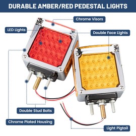Oyviny Double Face Square LED Fender Pedestal Amber/Red Turn Signal Marker Light W/Chrome Visor Truck 52 LEDs Tail Light IP65 Waterproof Sealed Stud Mount Lights for Freightliner Kenworth Peterbilt