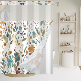 GKLEASG No Hook Shower Curtain with Snap in Liner, Colorful Flower Floral Heavy Duty See Through Window Waterproof Machine Washable Bathroom Curtain 71" W x 74" L (Pack of 1)