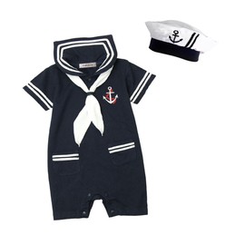 stylesilove.com Baby Boy Marine Sailor Cotton Romper Onesie with Hat and Necktie 3pcs Holiday Outfit (Navy Blue - Short Sleeve, 90/12-18 Months)