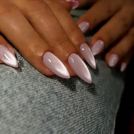 Uñas postizas Cat Eye Almond - Rosa pastel pálido, uñas postizas de aguja, uñas medianas esmaltadas con acabado brillante, uñas adhesivas brillantes r