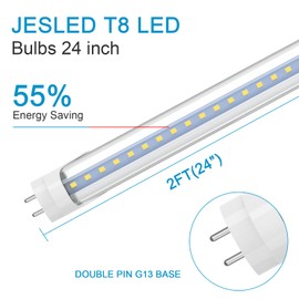 JESLED 24 Inch LED Tube Light, 2FT T8 Hybrid Type A+B, 10W 1120LM 5000K Daylight, Plug & Play or Ballast Bypass, F17T8 Fluorescent Replacement, Clear Cover, 12 Pack, ETL Listed