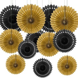 12PCS Gold and Black Paper Fans Party Decorations,Hanging Ceiling Honeycomb Round Tissue Paper Fans for Christmas,Birthday,Wedding,Graduations,New Year Party Backdrop Anniversary