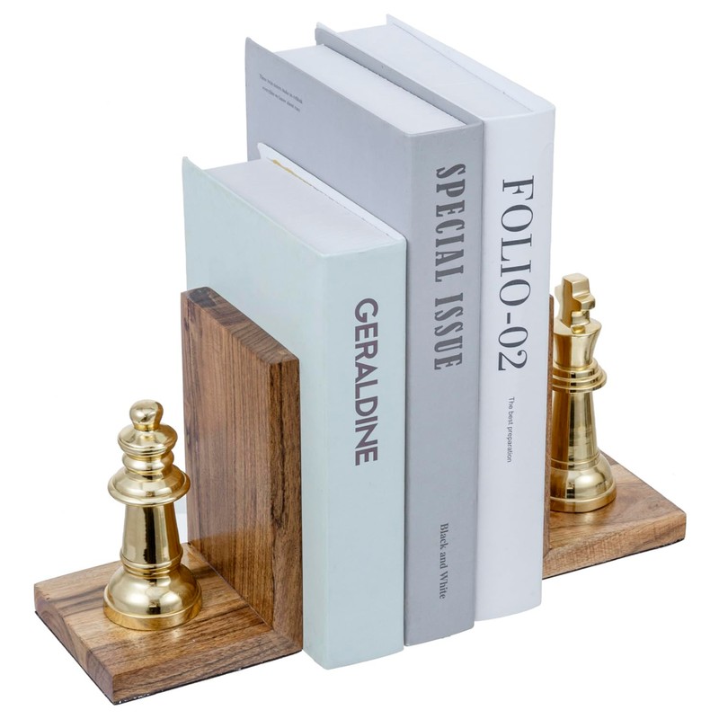 MyGift Decorative Chess Bookends Heavy Duty Mango Wood and Brass