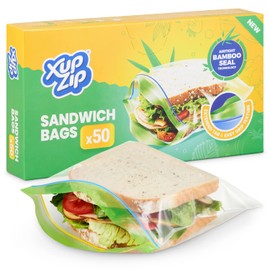 XupZip Sandwich Bags 19 x 17cm - 50-Pack Ziplock Bags with Airtight Bamboo Seals - Sturdy Plastic Bag for Sandwiches - Easy to Open Zip Lock Bags - BPA-Free Food Storage Bags - Reusable Sandwich Bags
