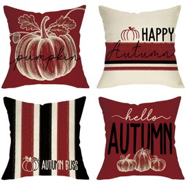 Fjfz Fall Pumpkin Decorative Throw Pillow Covers 18 x 18 Set of 4, Hello Autumn Red Black Stripes Porch Outdoor Home Decor, Happy Autumn Bliss Acorn Seasonal Couch Cushion Case