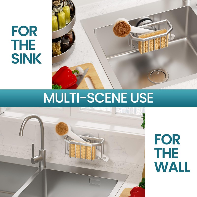 TAILI Silver Sponge Holder Kitchen with Powerful Suction Cup, Removable