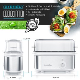 Arendo - Threecook Stainless Steel Egg Cooker - Egg Cooker - One Off Switch - Selectable Hardness - 210 W - 1-3 Eggs - BPA-Free - White