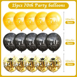 70th Birthday Balloons Decorations for Men, Black Gold 70th Theme Party Decor, 15 Pcs Black Gold 70th Birthday Latex Confetti Balloons, Happy 70th Birthday Party Anniversary Supplies for Him