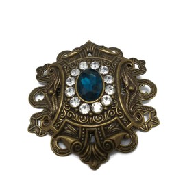 Antique Style Brooch with Blue stone and crystals in Antique Brass