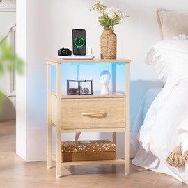 Yoobure Night Stand with Charging Station, LED Nightstand for Bedroom, Bedside Tables with Adjustable Fabric Drawer, 3-Tier End Table Living Room, Small Side Table with Storage, Natural Wood