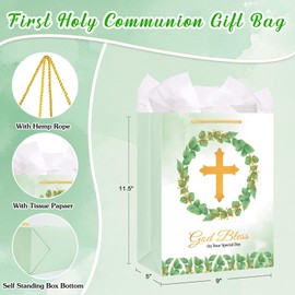 FLYAB First Communion Gifts Bags for Girls Boys 11.5" Gold Cross Gift Bag with Tissue Paper Baptism Gift Bag with Handle for Christenings Confirmations Easter Weddings Gifts