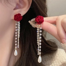 Wendalern Long Tassel Flower Earrings Rhinestone Pearl Chain Dangle Fabric Rose Flower Earrings Crystal Tennis Chain Fringe Chandelier Earrings Camellia Pearl Drop Earrings Jewellery for Women Girls,