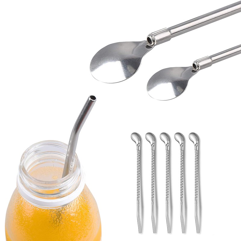Pack of 5 Stainless Steel Straws, Spoons, Reusable Stainless Steel