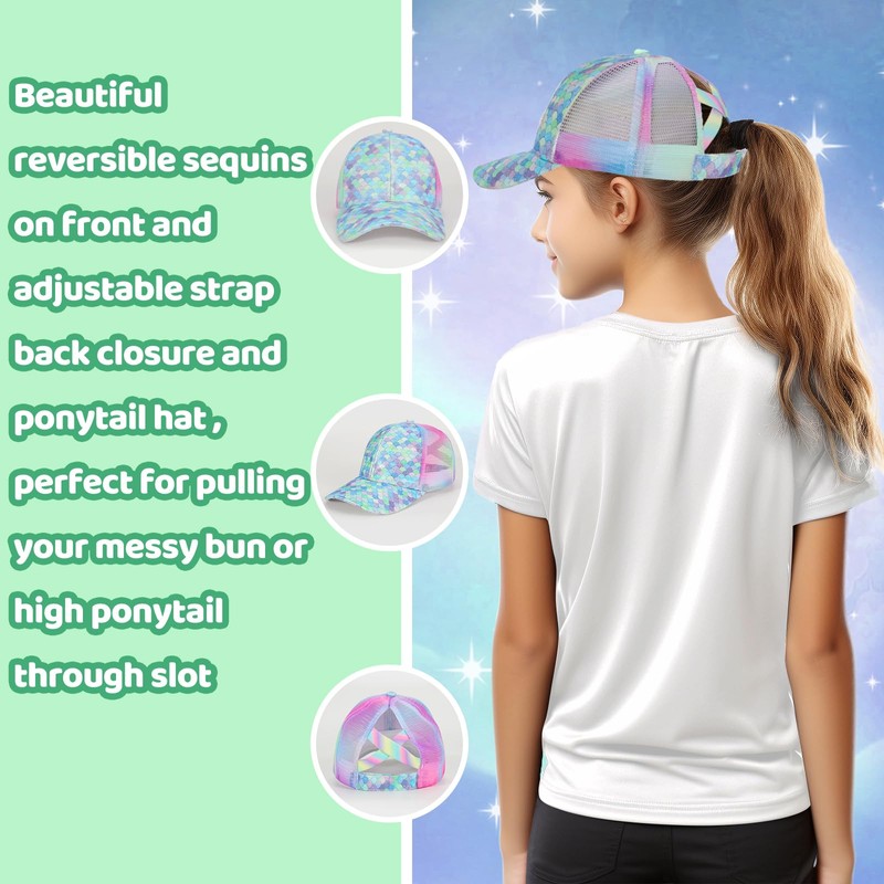 BROMZ Girls Glitter Baseball Cap Kids Ponytail Hat Adjustable Summer