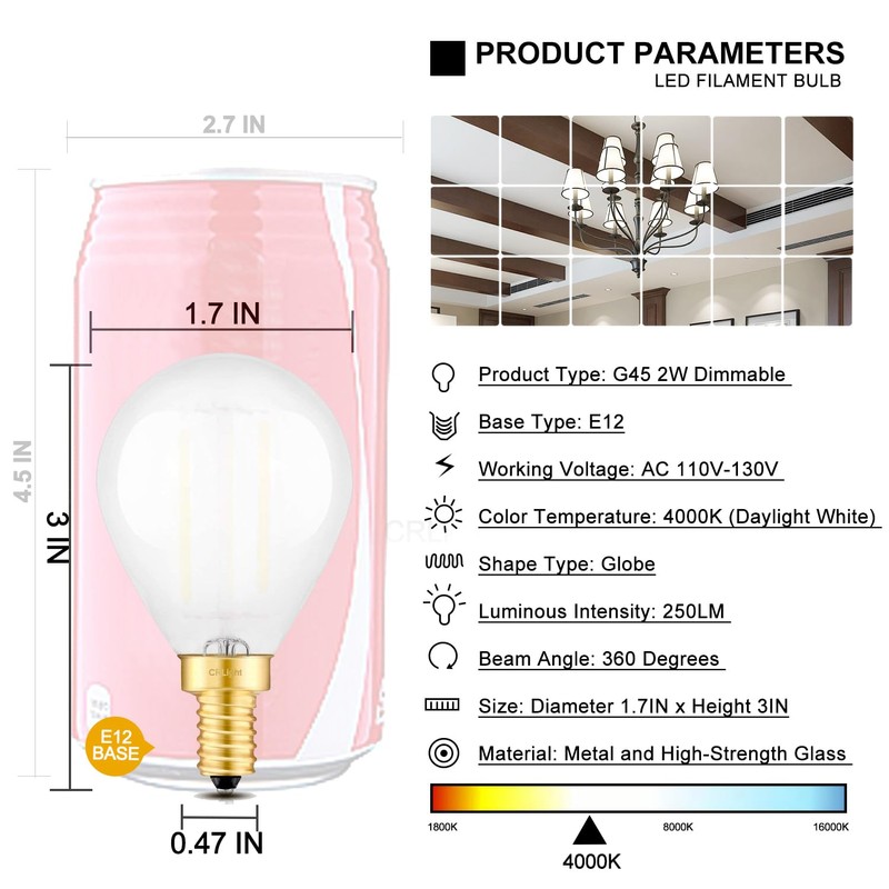 CRLight 2W LED Candelabra Bulb 4000K Daylight White 25W Equivalent