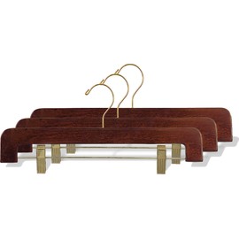The Great American Hanger Company Deluxe Wooden Bottom Hanger w/Clips, Walnut Finish with Brass Hardware, Box of 25