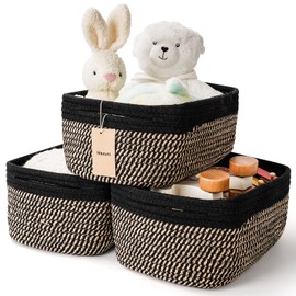 Maxuni 3-Pack Shelf Baskets for Organizing, Closet Organizer Bins, Small Woven Baskets, Rope Toy Basket, Storage Basket for Shelves, Cube Decorative Box, 11.5×7.5×4.7”, Black Brown
