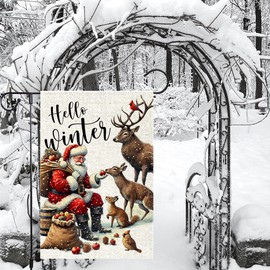 Christmas Garden Flag 12x18 Inch Double Sided,hello Winter Santa Claus Reindeer Rabbit Bird Flags For Outside Garden Flag For Front Yard Porch