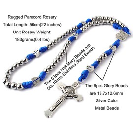 HanlinCC Large and Heavy Stainless Steel Beads Rugged Durable Paracord Rosary Necklace for Men with St.Michael Center Piece and St.Benedict Crucifix (Sapphire Paracord Rosary)