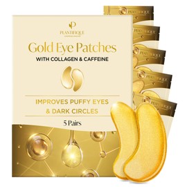 PLANTIFIQUE Gold Under Eye Patches for Puffy Eyes and Dark Circles 5 Pairs Under Eye Masks for Dark Circles and Puffiness Eye Gels with Collagen & Caffeine Eye Patches Gold Eye Mask Skincare