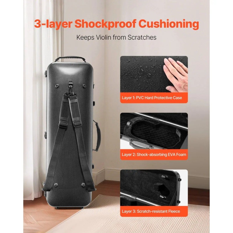 Portable 4/4 Full Size Rectangle Oblong Violin Case Composite Carbon